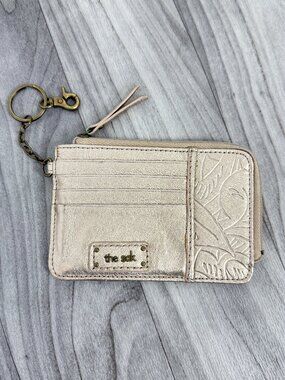 The Sak Iris Leather Card Case Wallet Keyring Champagne Metallic Floral Tooled